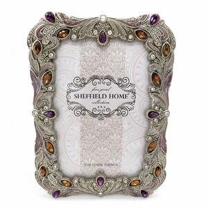 Sheffield Home Fine Jewel 4x6 Picture Frame Ornate Gemstone Enamel Pewter Tone